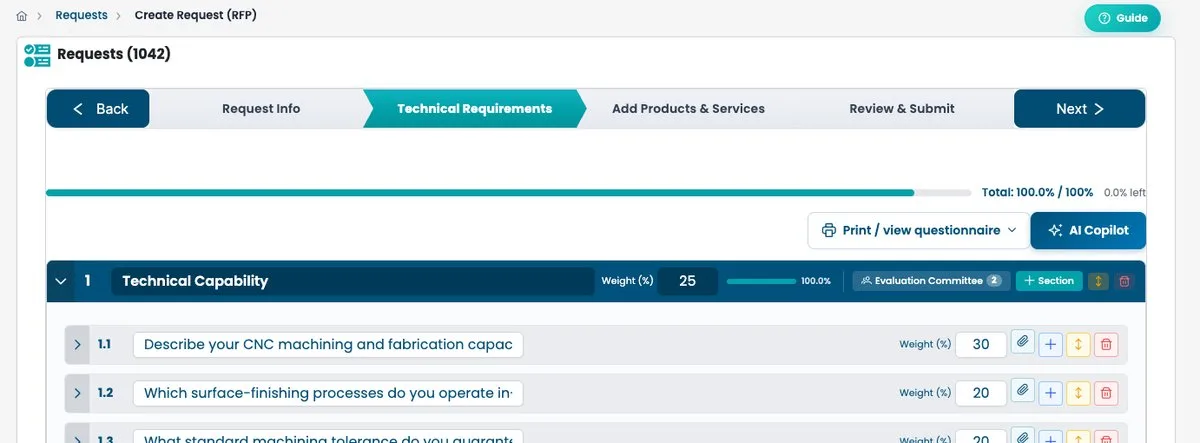 The technical requirements step of an RFP: weighted sections, an evaluation committee per section and the AI questionnaire generator. Demo data.